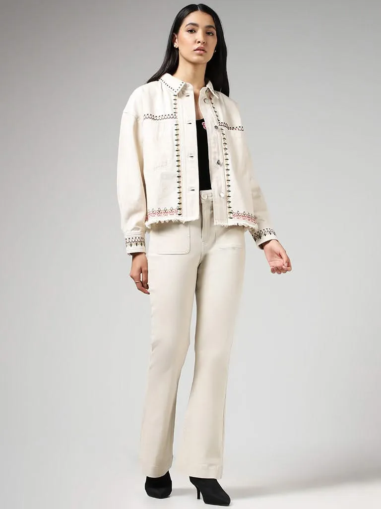 LOV Beige Embroidered Denim Jacket