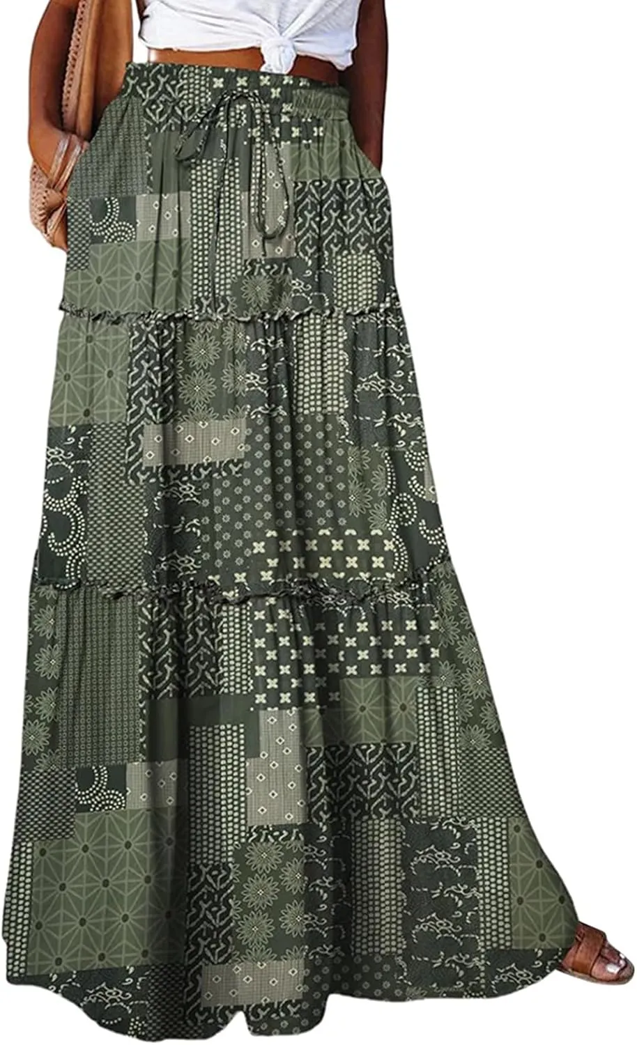 Maxi Skirt for Women 2025 Casual Summer Tiered High Waisted Skirts Pleated Aline Skirt Dressy Long Skirts with Pockets