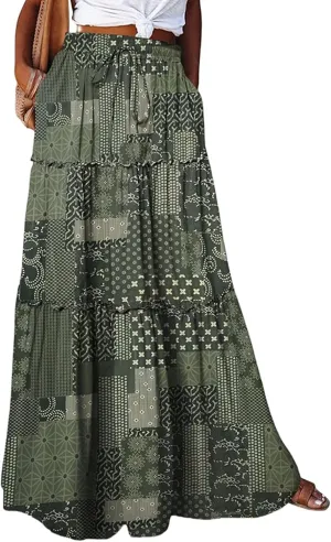 Maxi Skirt for Women 2025 Casual Summer Tiered High Waisted Skirts Pleated Aline Skirt Dressy Long Skirts with Pockets