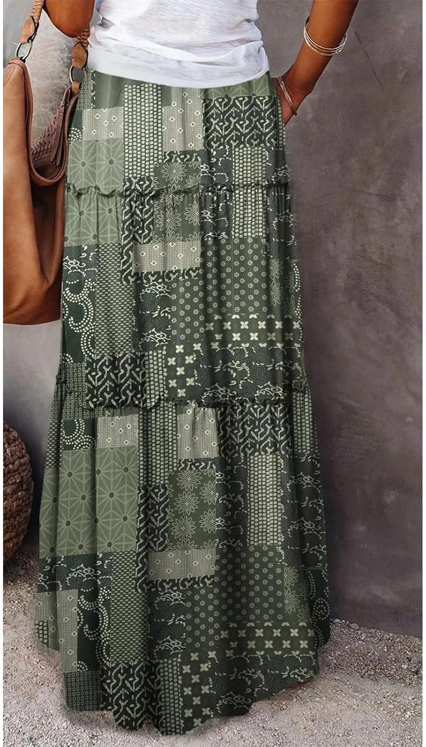 Maxi Skirt for Women 2025 Casual Summer Tiered High Waisted Skirts Pleated Aline Skirt Dressy Long Skirts with Pockets