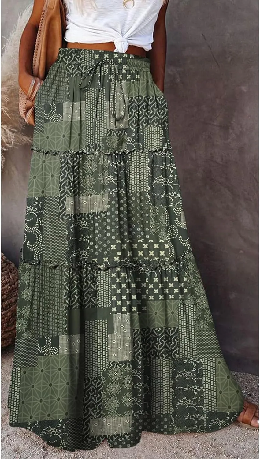 Maxi Skirt for Women 2025 Casual Summer Tiered High Waisted Skirts Pleated Aline Skirt Dressy Long Skirts with Pockets