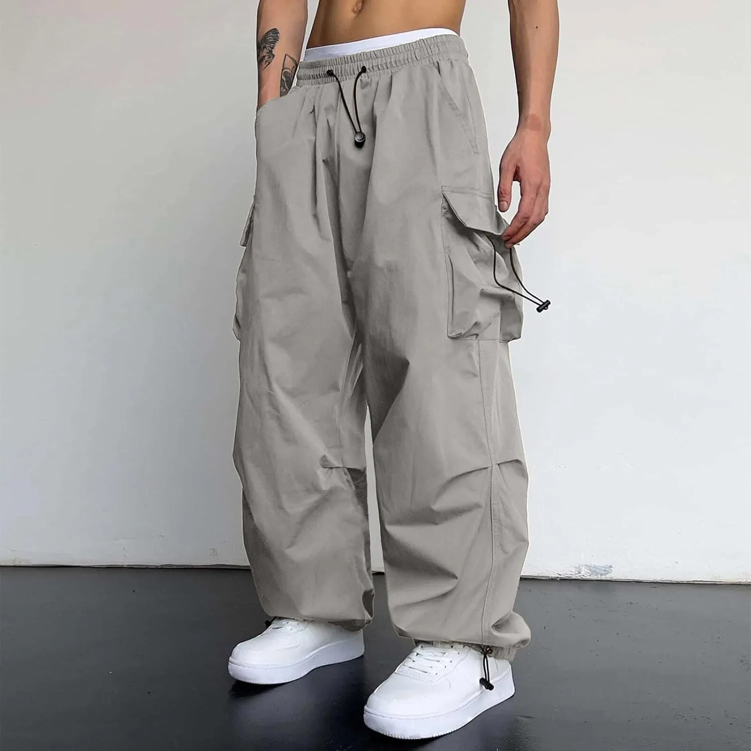 Men's Baggy Cargo Pants Casual Cotton Elasticated Waist Pant Work Pants Multi Pockets