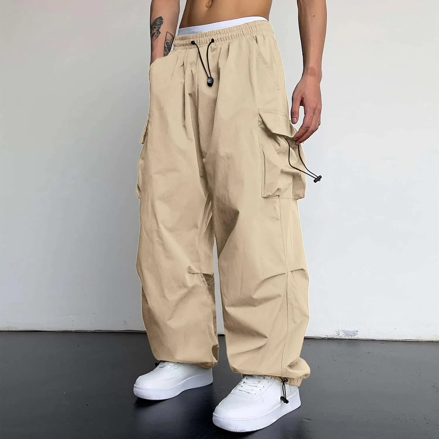 Men's Baggy Cargo Pants Casual Parachute Cargo Pants Elasticated Waist Loose Fit Outdoor Joggers Multi Pockets