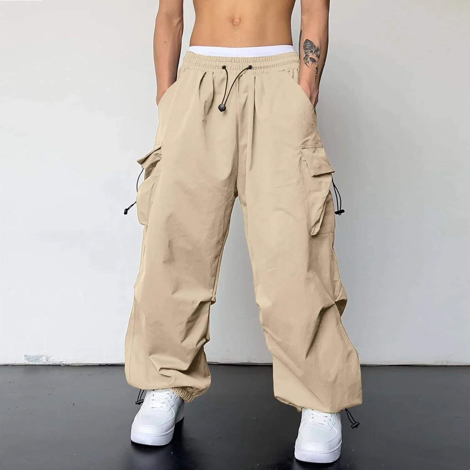 Men's Baggy Cargo Pants Casual Parachute Cargo Pants Elasticated Waist Loose Fit Outdoor Joggers Multi Pockets