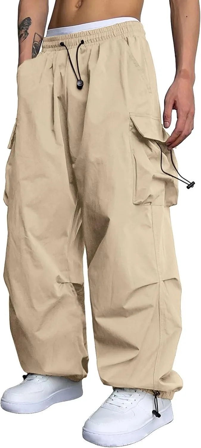 Men's Baggy Cargo Pants Casual Parachute Cargo Pants Elasticated Waist Loose Fit Outdoor Joggers Multi Pockets