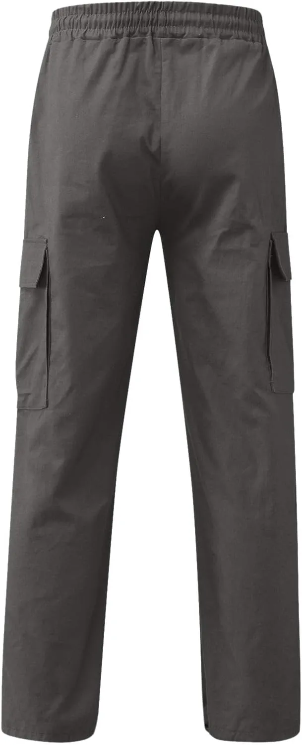 Men's Cargo Combat Pants Casual Linen Stretch Elastic Waist Pant Sweatpants Joggers Loose Gym Yoga Jogging