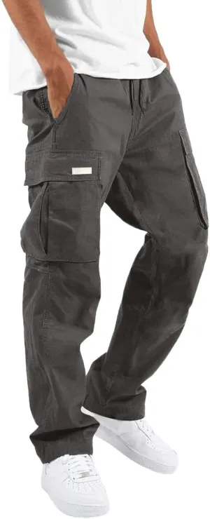 Men's Cargo Combat Pants Casual Linen Stretch Elastic Waist Pant Sweatpants Joggers Loose Gym Yoga Jogging