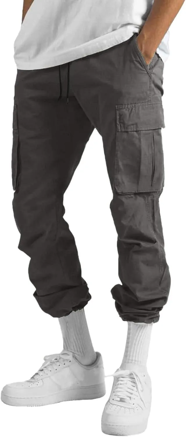 Men's Cargo Combat Pants Casual Linen Stretch Elastic Waist Pant Sweatpants Joggers Loose Gym Yoga Jogging