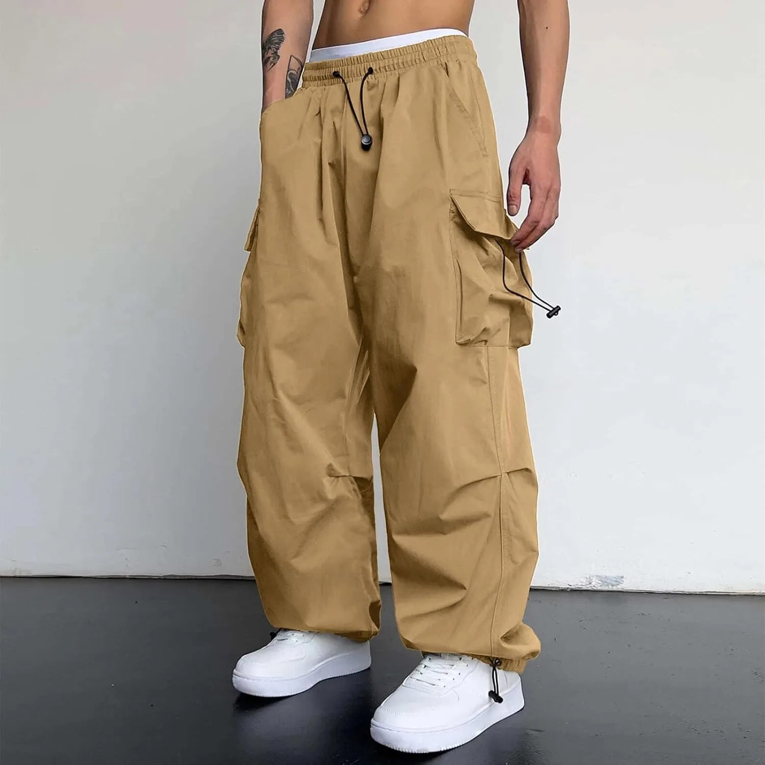 Mens Cargo Pants Casual Outdoor Camping Hiking Elasticated Waist Pant Jogging Work Pant with Pockets