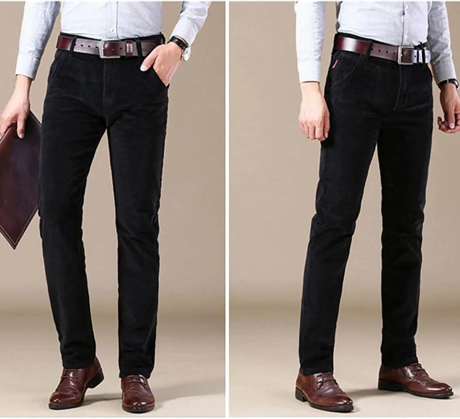 Men's Corduroy Straight Pant,Classic Slim Fit Business Suit Trousers,Flat-Front Casual Stretch Pants with Pockets