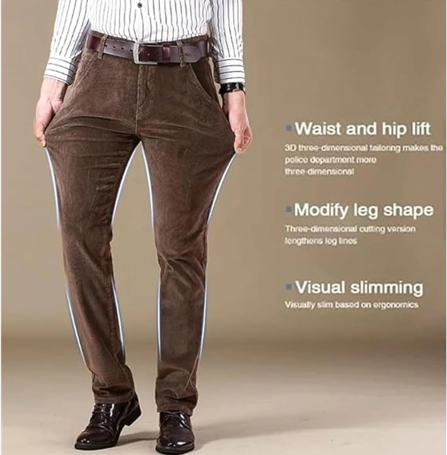 Men's Corduroy Straight Pant,Classic Slim Fit Business Suit Trousers,Flat-Front Casual Stretch Pants with Pockets