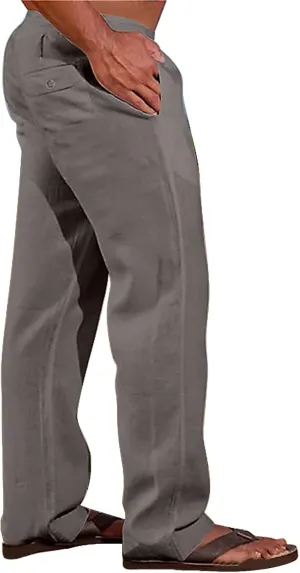 Mens Cotton Linen Slim Fit Pants Lightweight Drawstrings Summer Beach Trousers Breathable Casual Multi Pockets Yoga Pants