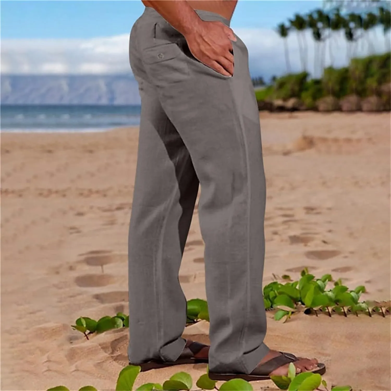 Mens Cotton Linen Slim Fit Pants Lightweight Drawstrings Summer Beach Trousers Breathable Casual Multi Pockets Yoga Pants