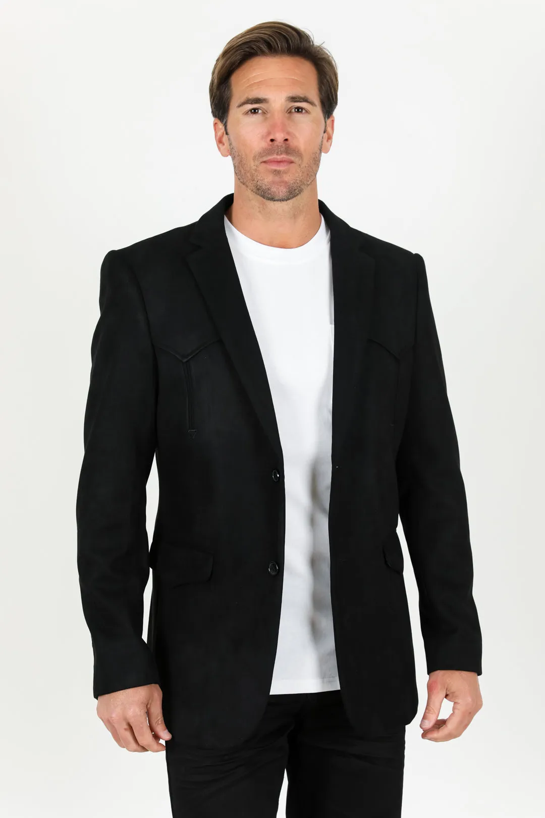 Men's Double Button Faux-Suede Blazer - Black from Platini Fashion