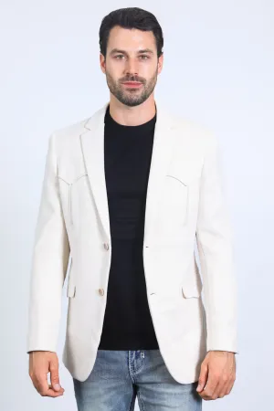 Men's Double Button Faux-Suede Blazer - Off White from Platini Fashion