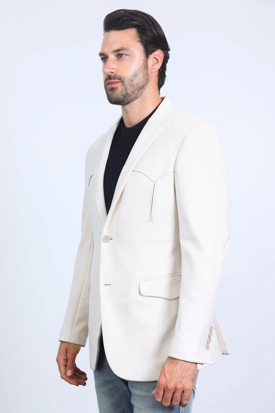 Men's Double Button Faux-Suede Blazer - Off White from Platini Fashion