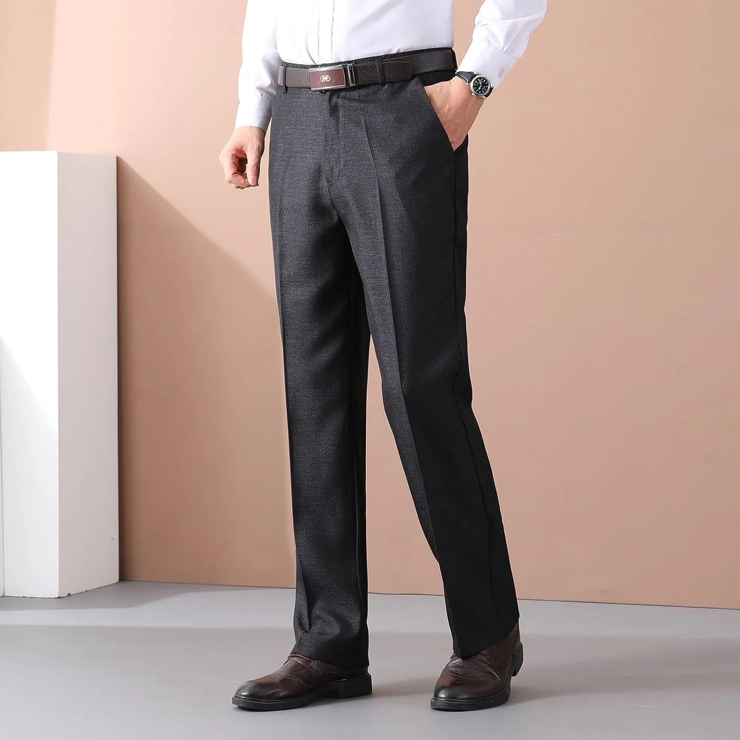 Mens Dress Pants Pleated Front Stretch Suit Pants Classic Fit Casual Dress Pants Straight Fit Pants
