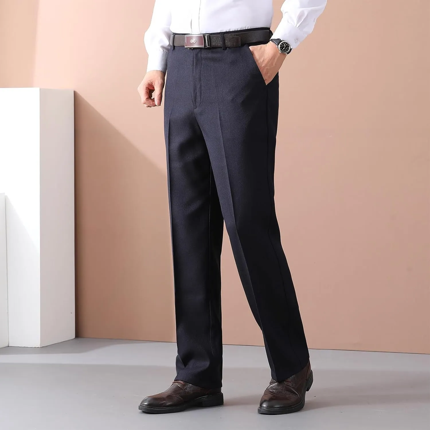 Mens Dress Pants Pleated Front Stretch Suit Pants Classic Fit Casual Dress Pants Straight Fit Pants