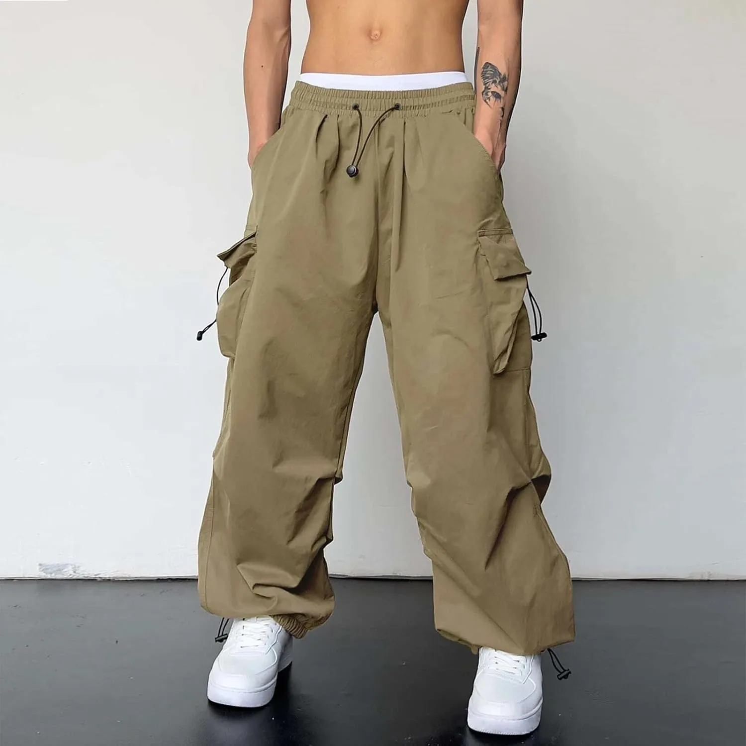 Men's Lightweight Jogging Pant Pockets Cargo Work Joggers Loose Sports Casual Sweatpant Open Hem Pant