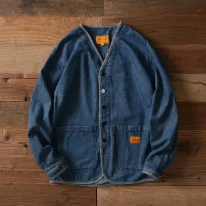 Men's Vintage Distressed Collarless Single-Breasted Denim Jacket