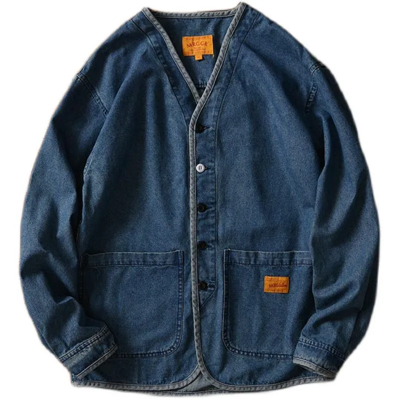 Men's Vintage Distressed Collarless Single-Breasted Denim Jacket