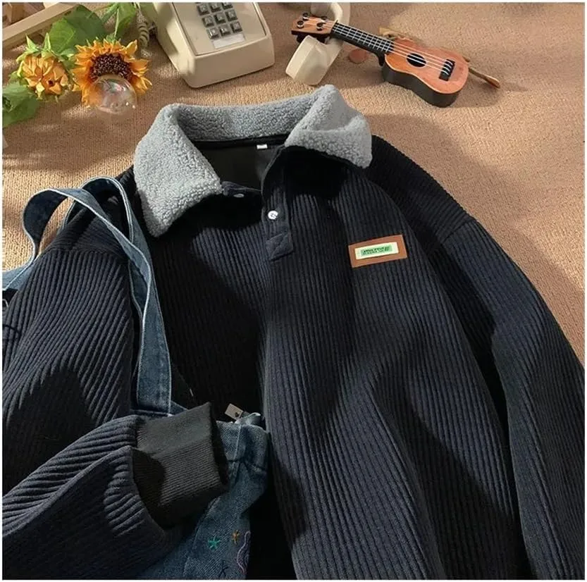 Oversized plus velvet padded corduroy button-down sweatshirt pullover warm contrasting polo hoodie