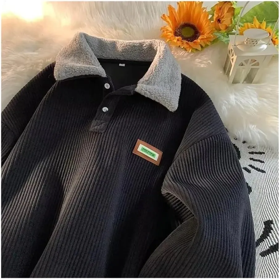 Oversized plus velvet padded corduroy button-down sweatshirt pullover warm contrasting polo hoodie