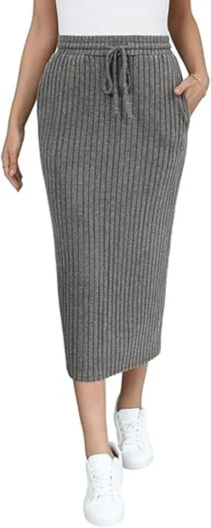 Pencil Skirts for Women Casual Solid Color Knit Ribbed High Waist Lace Up Bodycon Midi Skirts