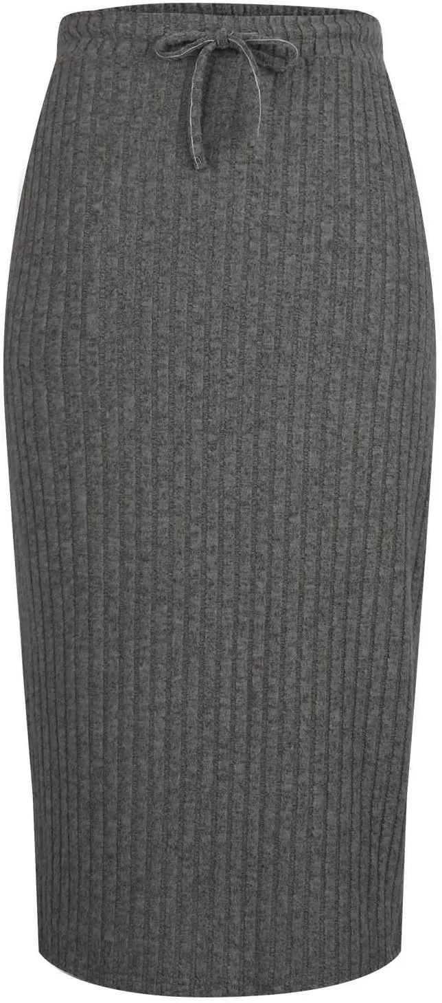 Pencil Skirts for Women Casual Solid Color Knit Ribbed High Waist Lace Up Bodycon Midi Skirts