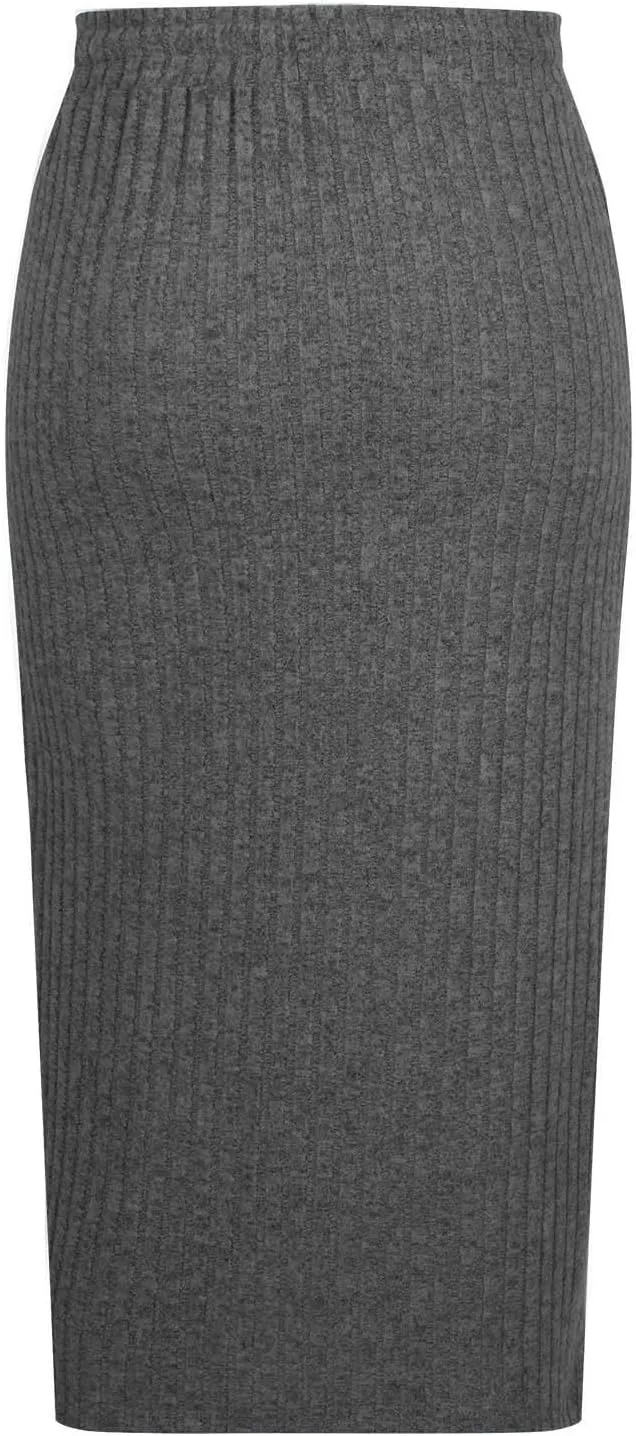 Pencil Skirts for Women Casual Solid Color Knit Ribbed High Waist Lace Up Bodycon Midi Skirts