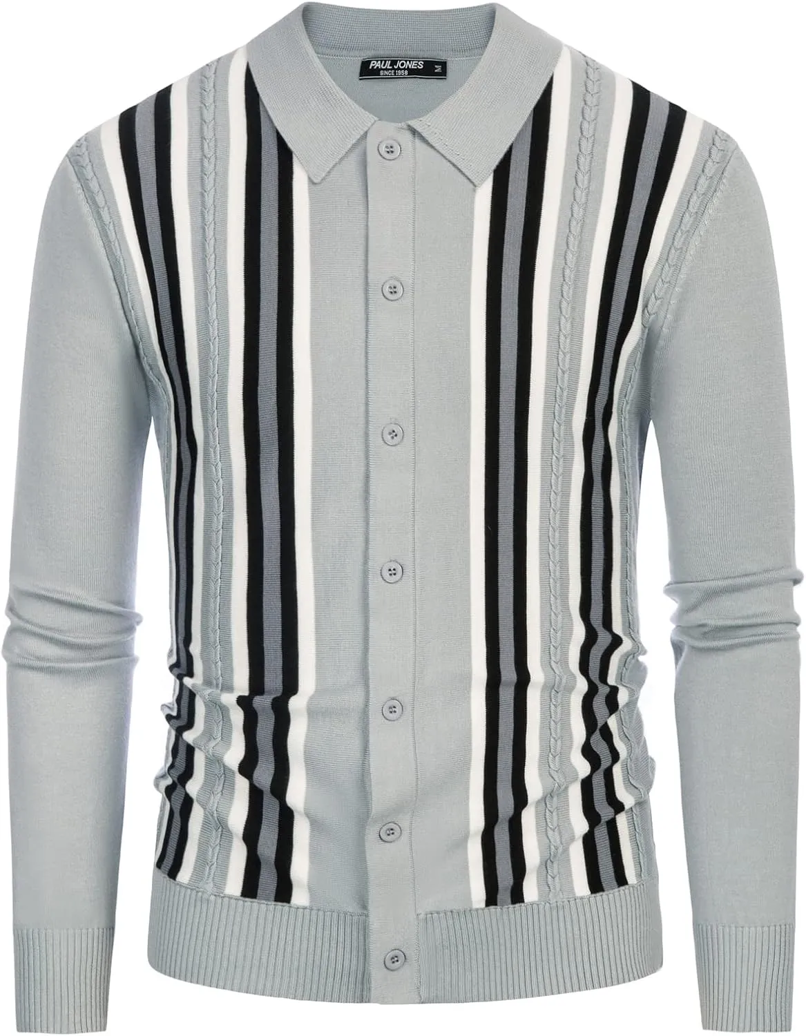 PJ PAUL JONES Mens Vintage Striped Knit Polo Shirt Long Sleeve Button Down Cardigan Sweater