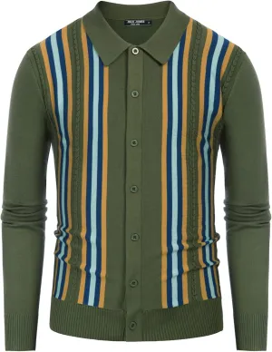 PJ PAUL JONES Mens Vintage Striped Knit Polo Shirt Long Sleeve Button Down Cardigan Sweater