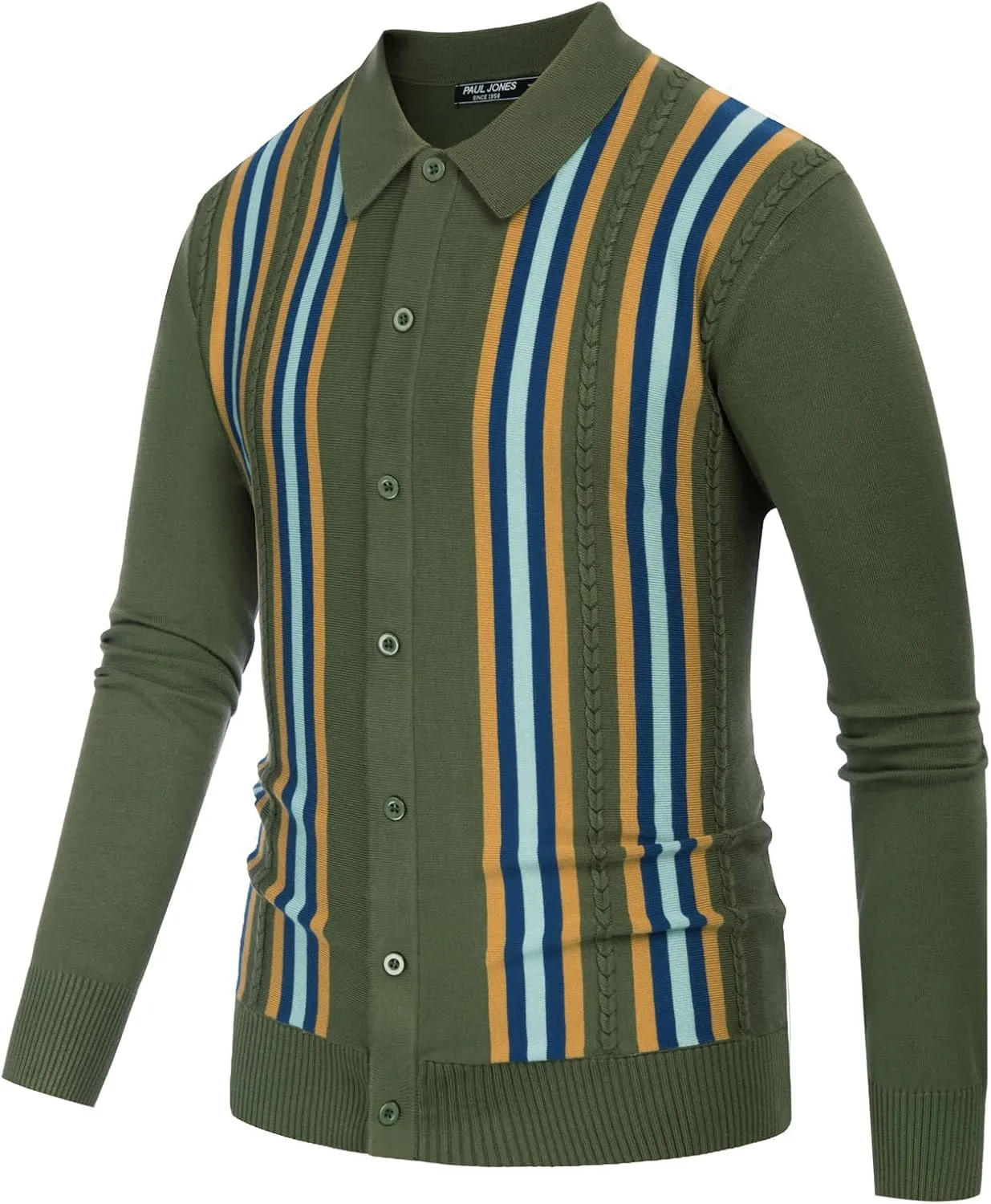 PJ PAUL JONES Mens Vintage Striped Knit Polo Shirt Long Sleeve Button Down Cardigan Sweater