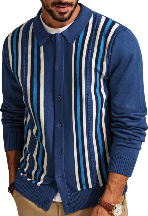 PJ PAUL JONES Mens Vintage Striped Knit Polo Shirt Long Sleeve Button Down Cardigan Sweater