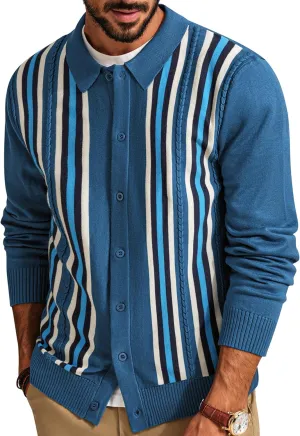 PJ PAUL JONES Mens Vintage Striped Knit Polo Shirt Long Sleeve Button Down Cardigan Sweater