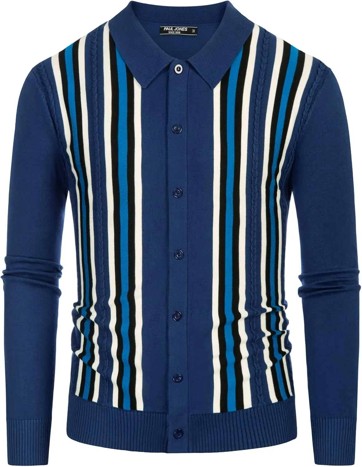 PJ PAUL JONES Mens Vintage Striped Knit Polo Shirt Long Sleeve Button Down Cardigan Sweater