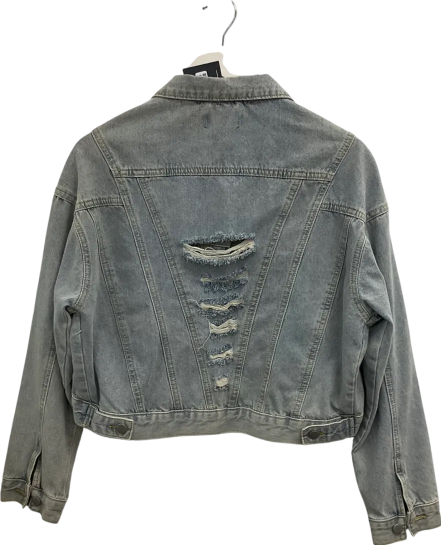 PrettyLittleThing Blue Distressed Super Cropped Denim Jacket UK 4