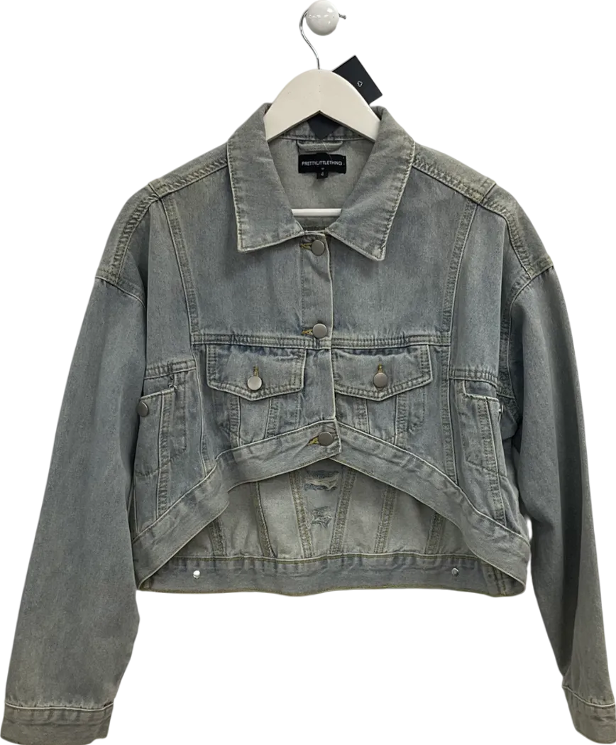 PrettyLittleThing Blue Distressed Super Cropped Denim Jacket UK 4