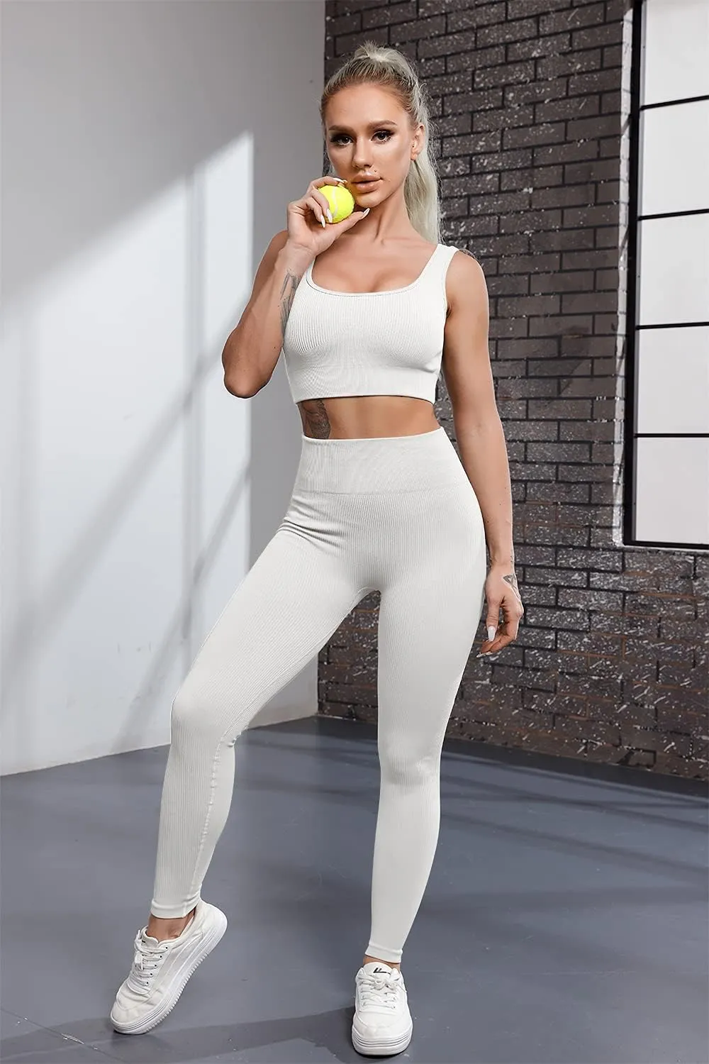 QINSEN Ribbed Workout Outfits for Women 2 Piece Seamless Sport Bra High Waist Yoga Leggings Sets