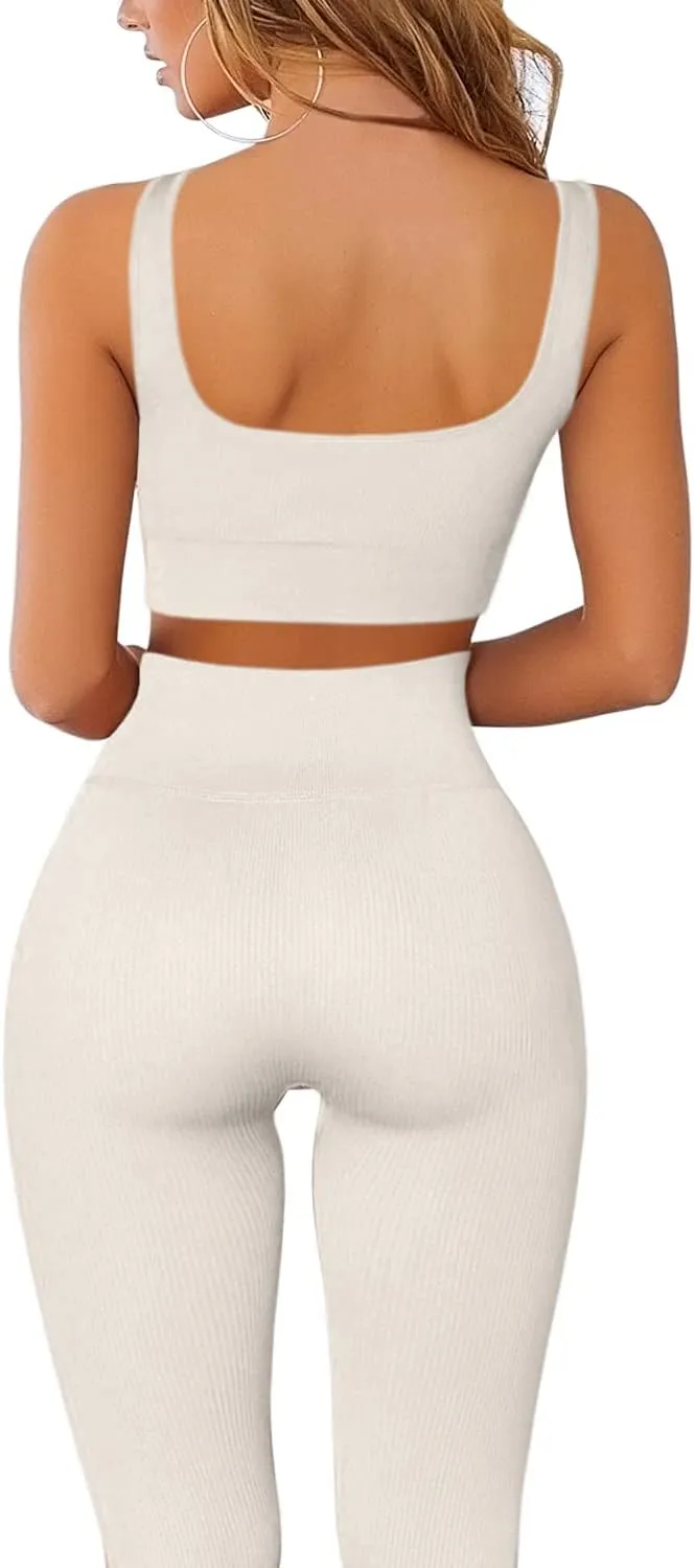 QINSEN Ribbed Workout Outfits for Women 2 Piece Seamless Sport Bra High Waist Yoga Leggings Sets