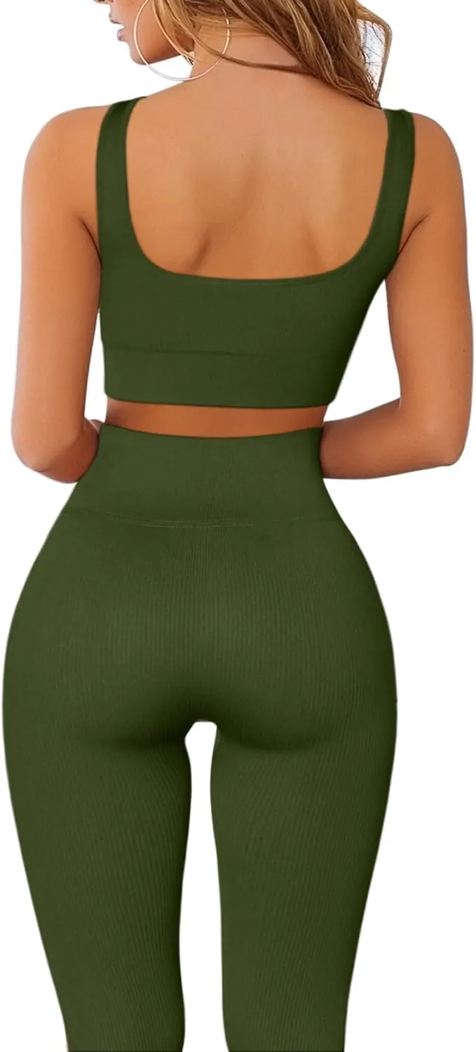 QINSEN Ribbed Workout Outfits for Women 2 Piece Seamless Sport Bra High Waist Yoga Leggings Sets