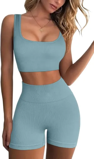QINSEN Workout Sets for Women 2 Piece Seamless Ribbed Crop Tank High Waist Shorts Yoga Outfits