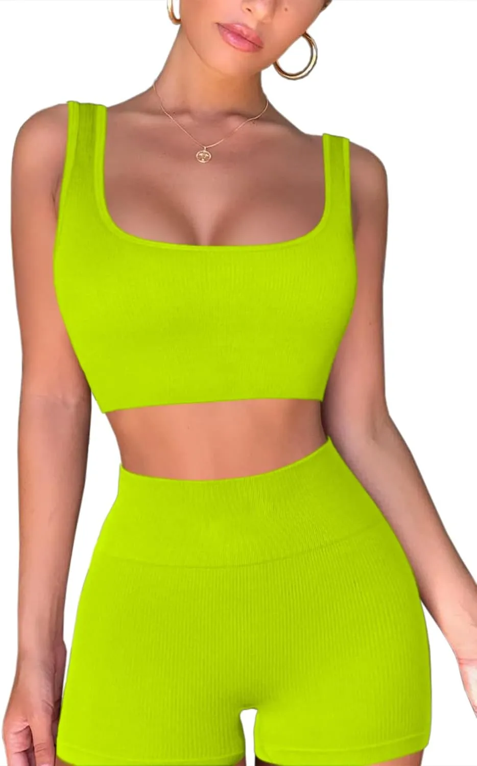 QINSEN Workout Sets for Women 2 Piece Seamless Ribbed Crop Tank High Waist Shorts Yoga Outfits