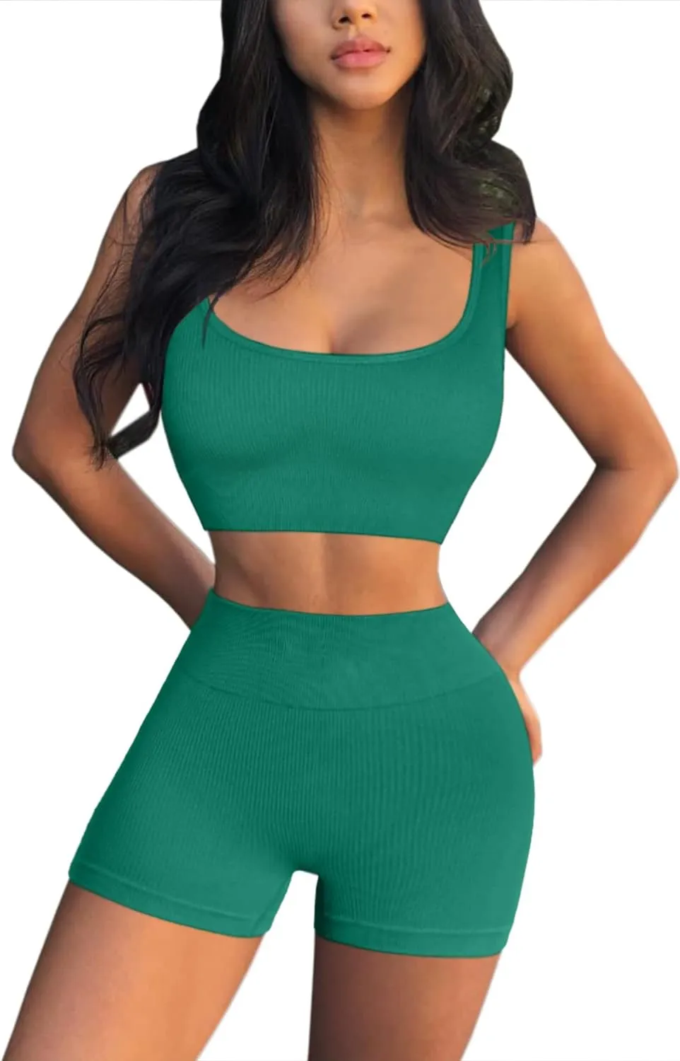 QINSEN Workout Sets for Women 2 Piece Seamless Ribbed Crop Tank High Waist Shorts Yoga Outfits