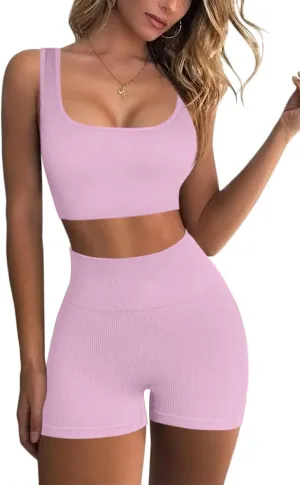 QINSEN Workout Sets for Women 2 Piece Seamless Ribbed Crop Tank High Waist Shorts Yoga Outfits