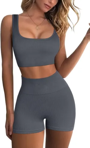 QINSEN Workout Sets for Women 2 Piece Seamless Ribbed Crop Tank High Waist Shorts Yoga Outfits