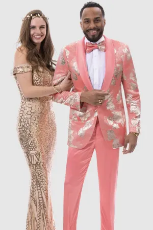 "Salmon Pink Slim Fit Men's Prom 2025 Tuxedo - Shiny Shell Print Two-Piece"