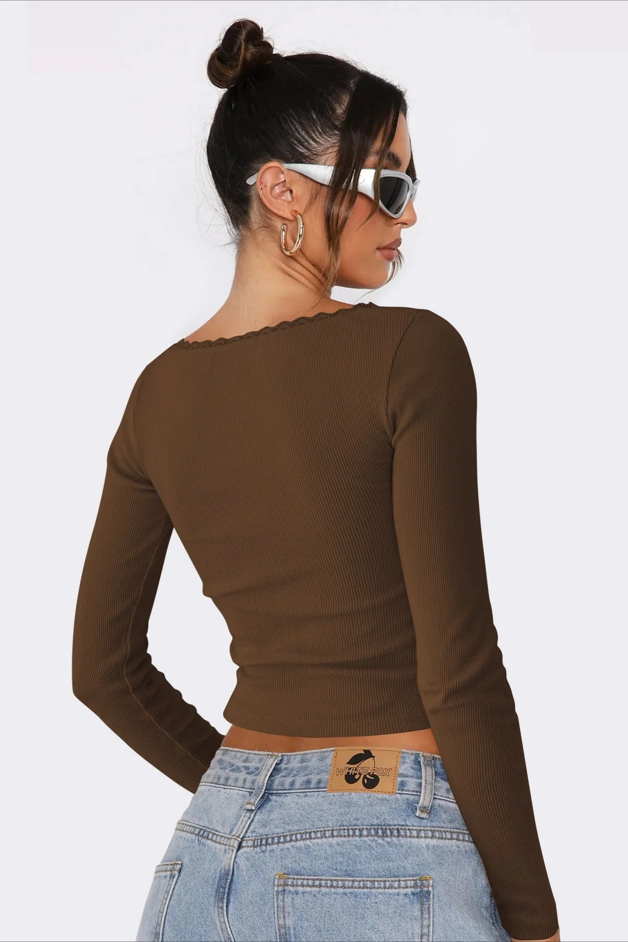 Ribbed Laced Brown Long Sleeve Crop Top