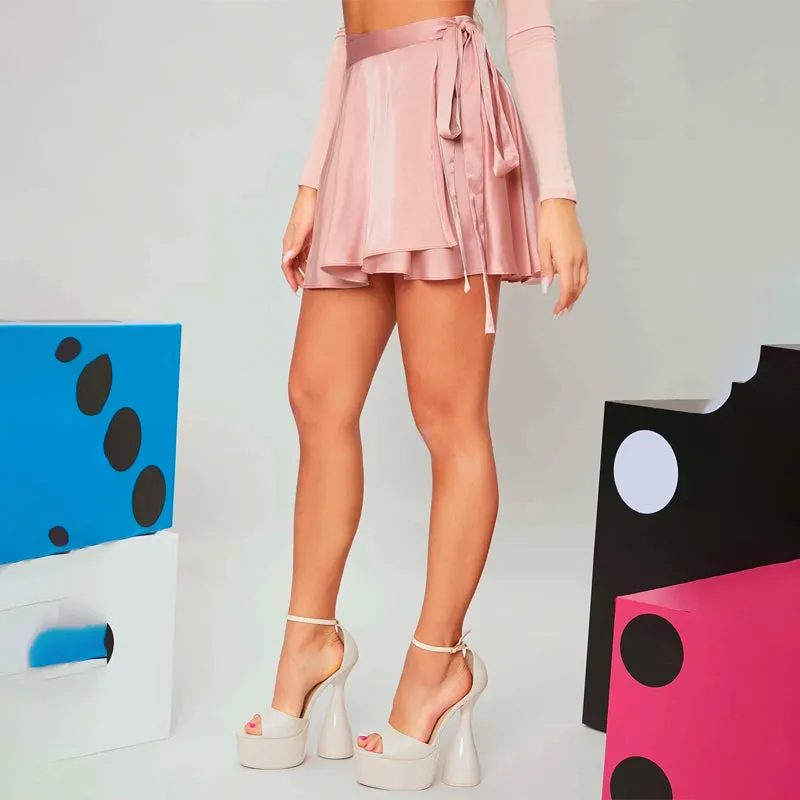 Satin Self-Tie Mini Wrap Skirt