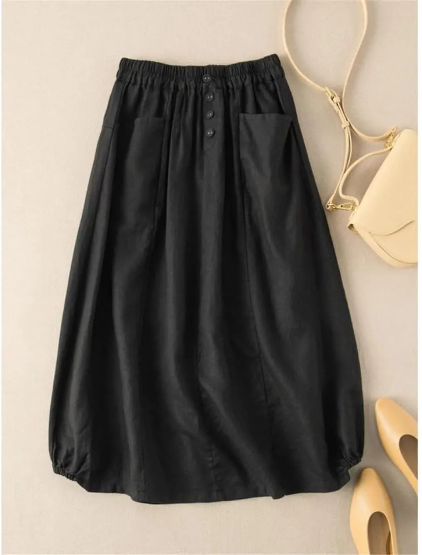 Skirts Women's Summer Solid Color Retro Skirts Literary Temperament High-Waisted Thin Midi Skirt